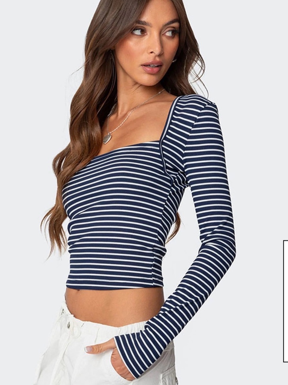 Edikted Navy and White Striped Long Sleeve Square Neck Top